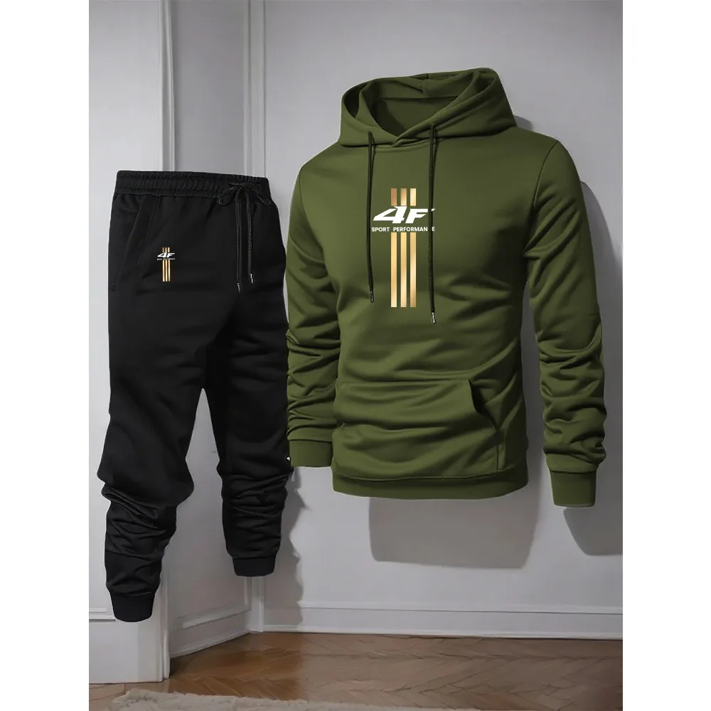 Men'S Casual Hoodie & Sweatpants Set - "4F" Graphic Print, Polyester Knit, Elastic Waistband, Geometric Pattern, Regular Fit,