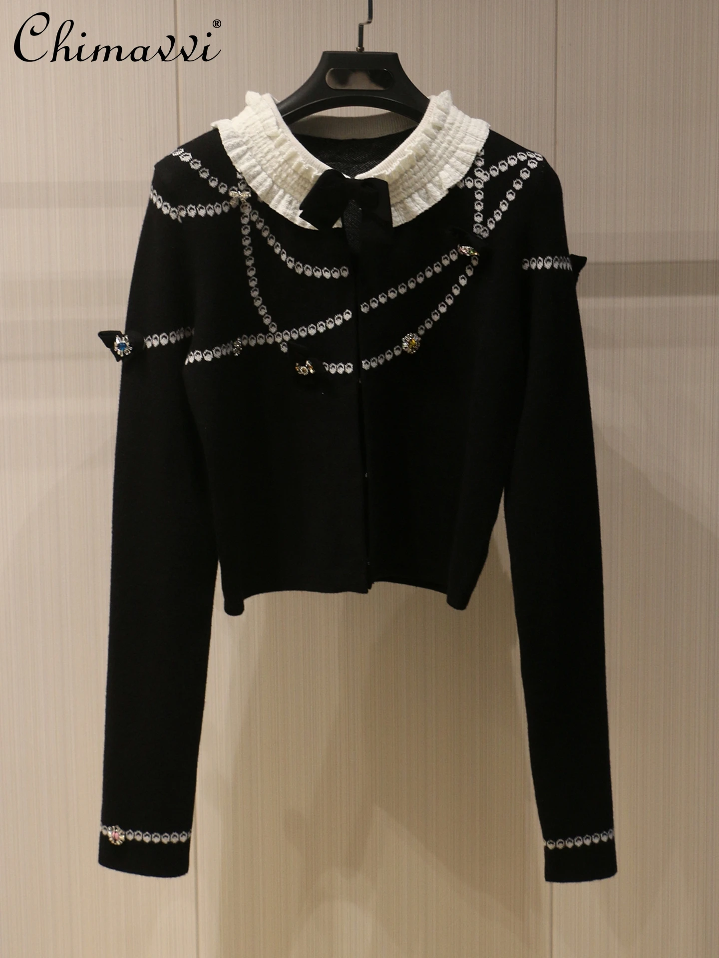 

Autumn Winter French Heavy Rhinestone Decorated Bowknot Ruffle Collar Knitted Cardigan Women Fashion Long Sleeve Slim Sweater