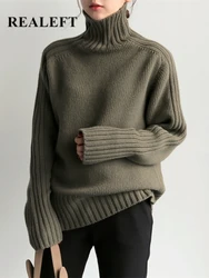 REALEFT Elegant Autumn Winter Casual Loose Women Sweater 2023 New Solid Turtleneck Knitted Sweaters Long Sleeve Pullover Female