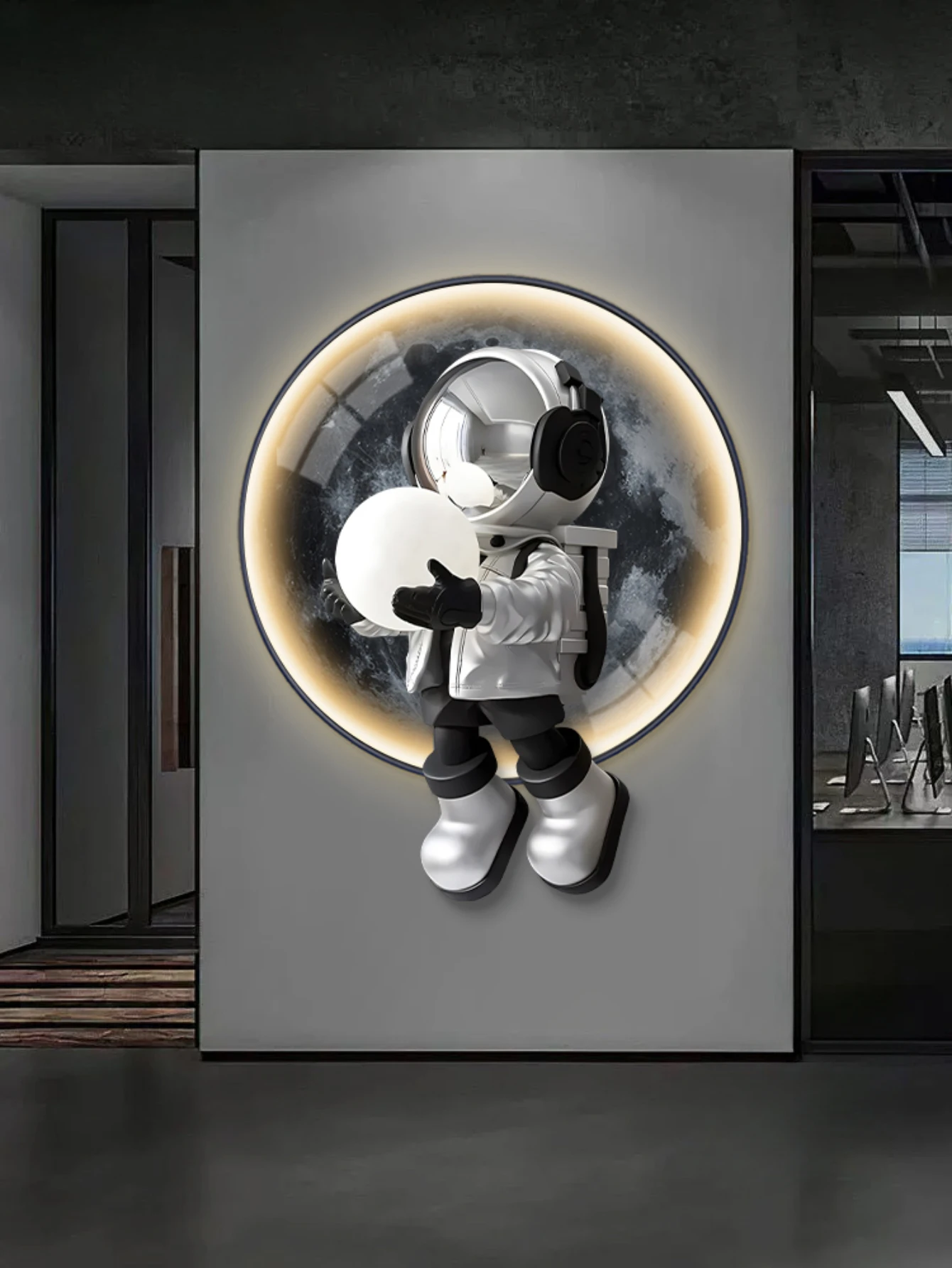 

Modern entrance decoration painting, luminous lights facing the door mural, three-dimensional lunar astronaut overlay painting