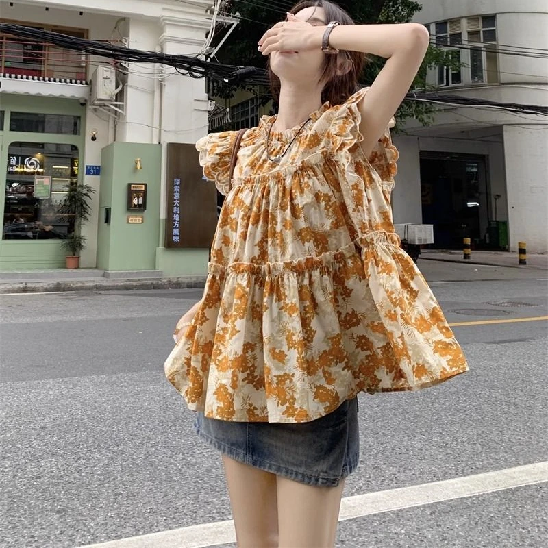 Flying Sleeve Floral Blouses Women Loose Sweet Vintage Summer Prairie Chic All-match Harajuku College Girls Fashion Casual Thin