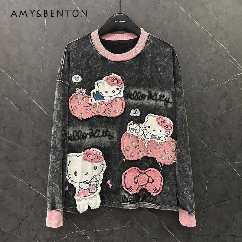 

2025 Autumn Heavy Industry New Cartoon Patch Embroidery Crew Neck Sweatshirt Women's Loose Casual Youthful Top Pullover Sudadera