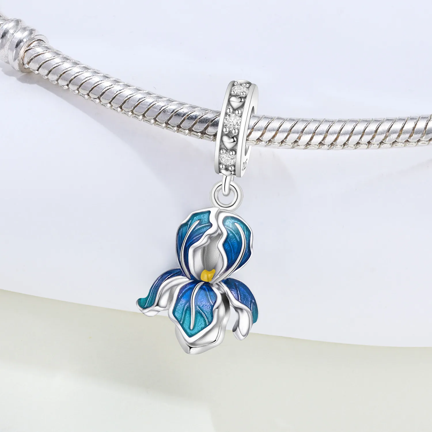 PANPOKI 925 فضة الأزرق القزحية زهرة المعلقات سوار Charms صالح النساء مجوهرات الخرز الحفلات DIY بها بنفسك الهدايا العصرية