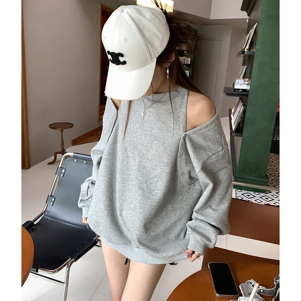 2024 Autumn/Winter Off Shoulder Hoodie for slimming, concealing flesh, lazy style, black gray top, long sleeved T-shirt