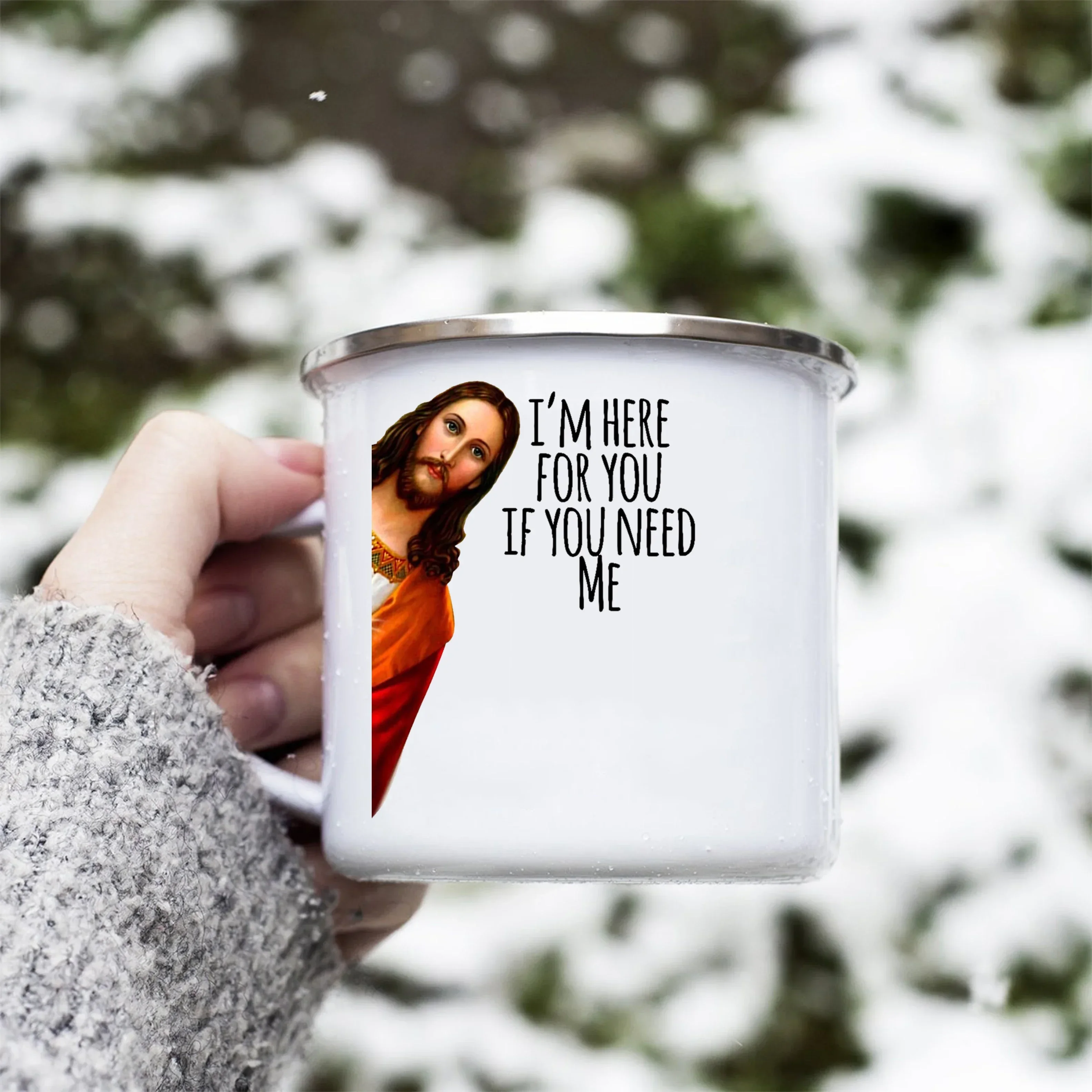 Humor enamel cup Camping Mug jesus meme quote I Saw That Funny Jesus Coffe Mug give a gift to a friend