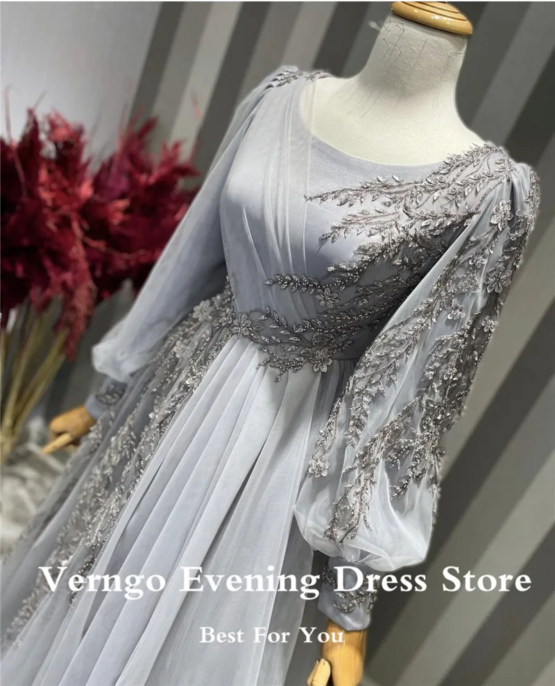 Verngo Modest Dubai Kaftan Evening Dresses Appplique Lace Puff Long Sleeves 3D Flowers Jewel  Saudi Arabic Formal Prom Dresss