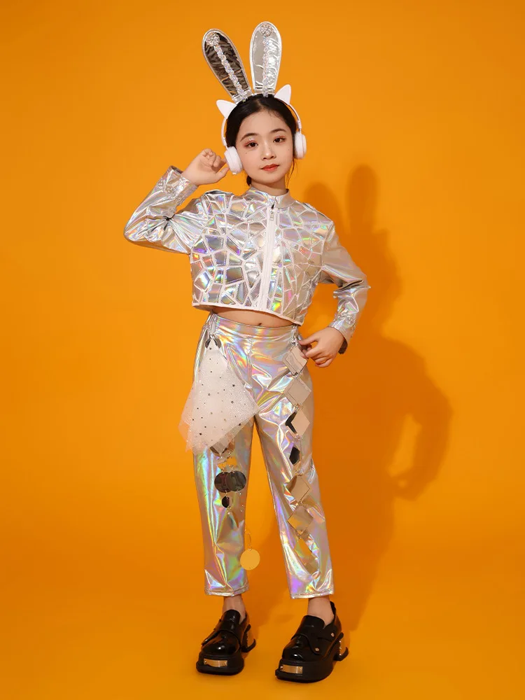 Children Silver Jazz Laser Technology Style Robot Metaverse Catwalk Dress For Girl Boy Hip-Hop Street Dance Performance Clothes
