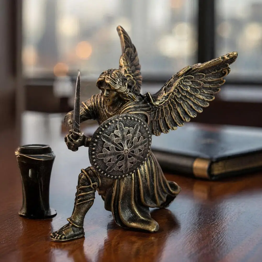 Angel Resin Ornament Armor Pattern Angel Decor Angel Resin Statue Winged Soldier Figurine with Weapons Retro Bronze for Office