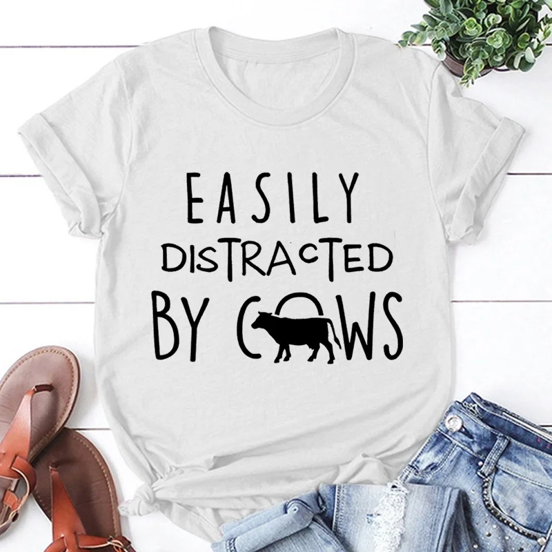 New Easily Distracted By Cows Printing T Shirt Unisex Casual Tops Harajuku Short Sleeve