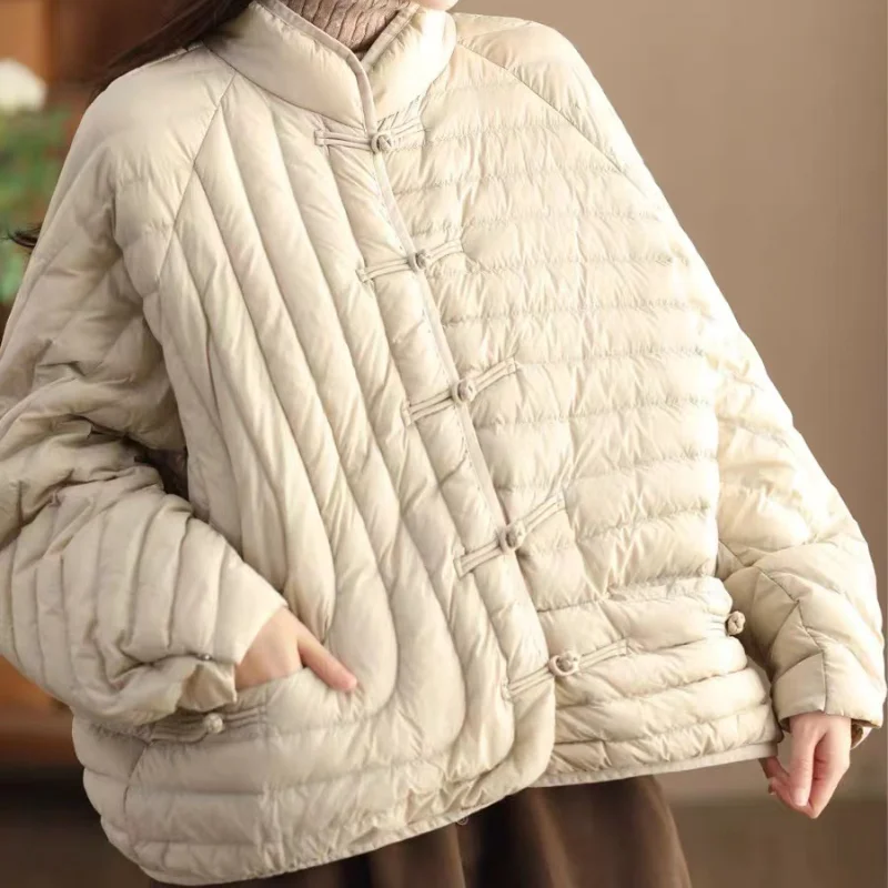 Women\'s Winter Down Jacket 2024 New Puffer Coats Retro Quilted Light Outerwears Chinese Style Standing Collar Winter Coat Female