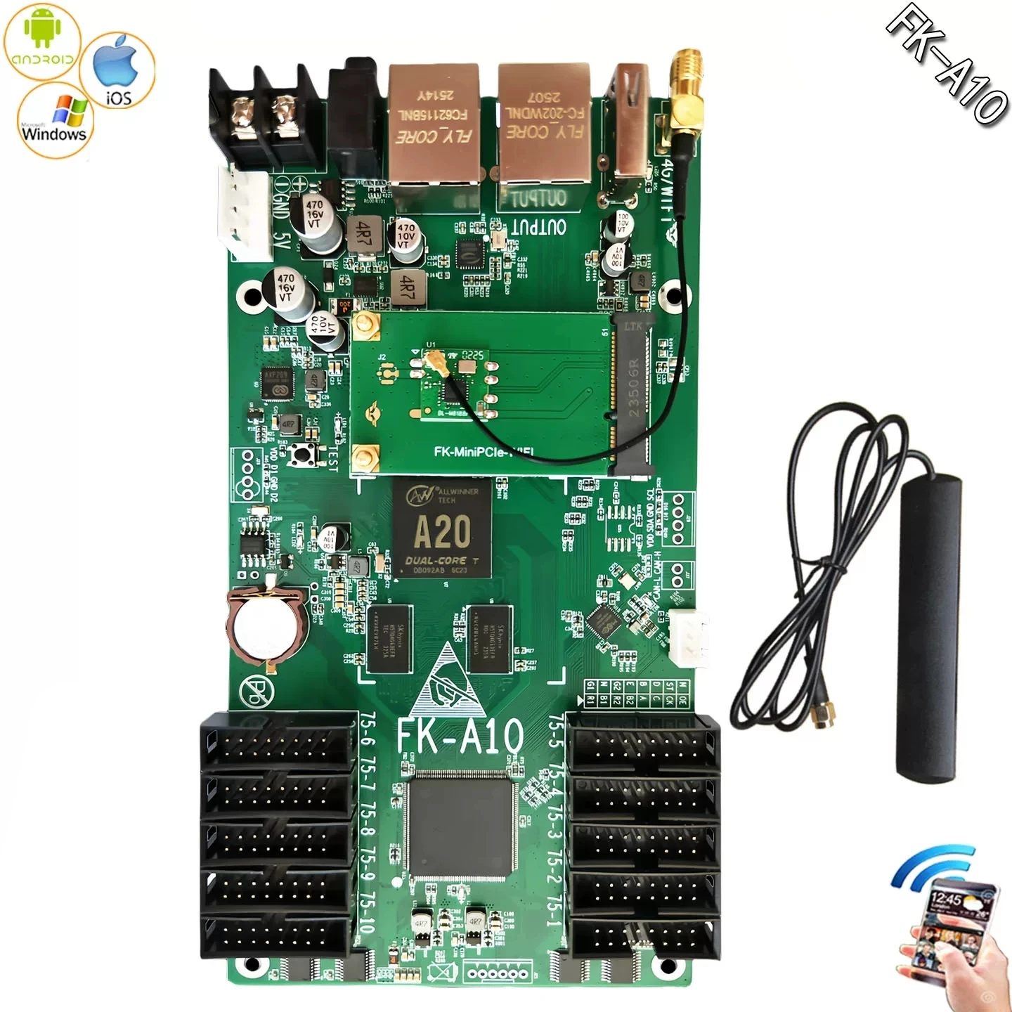 

FK-A10 Wifi Full Color Video LED Control Card Network and USB Asynchronous 10*HUB75 P2,P2.5,P3,P4,P5,P10,P6,P8 Controller