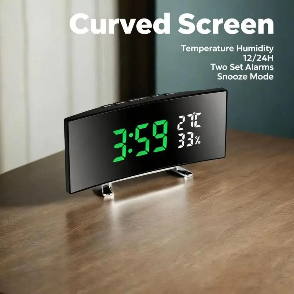 Curved Screen Digital Alarm Clock Large 12/24h Desk Clock Large Screen adjustable brightness LED