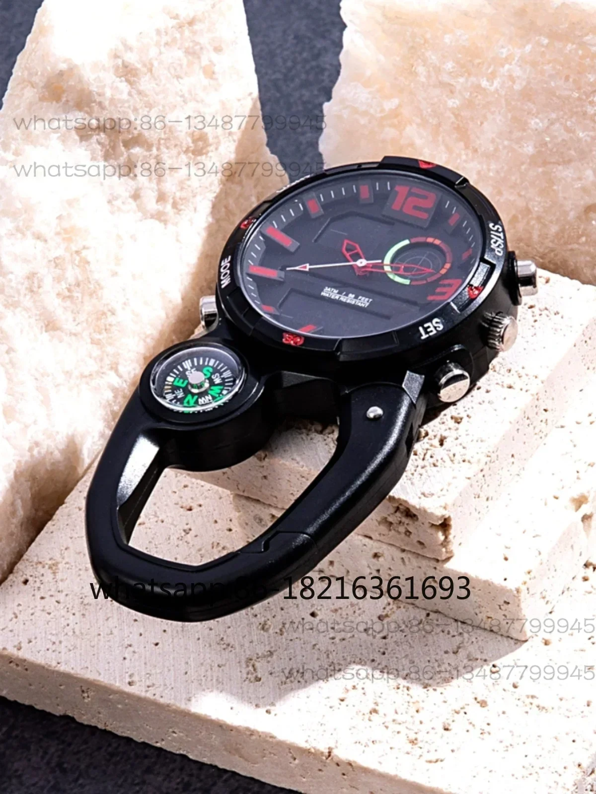 Dual Display Sports Chronometer Multi functional Night Light Mountaineering Hook Watch Compass