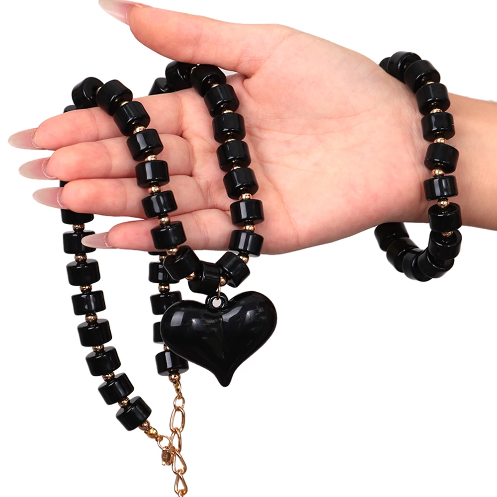 Gothic Acrylic Black Beaded Bracelets Necklace Set for Women Fashion Heart Pendant Choker Necklaces 2025 New Jewelry