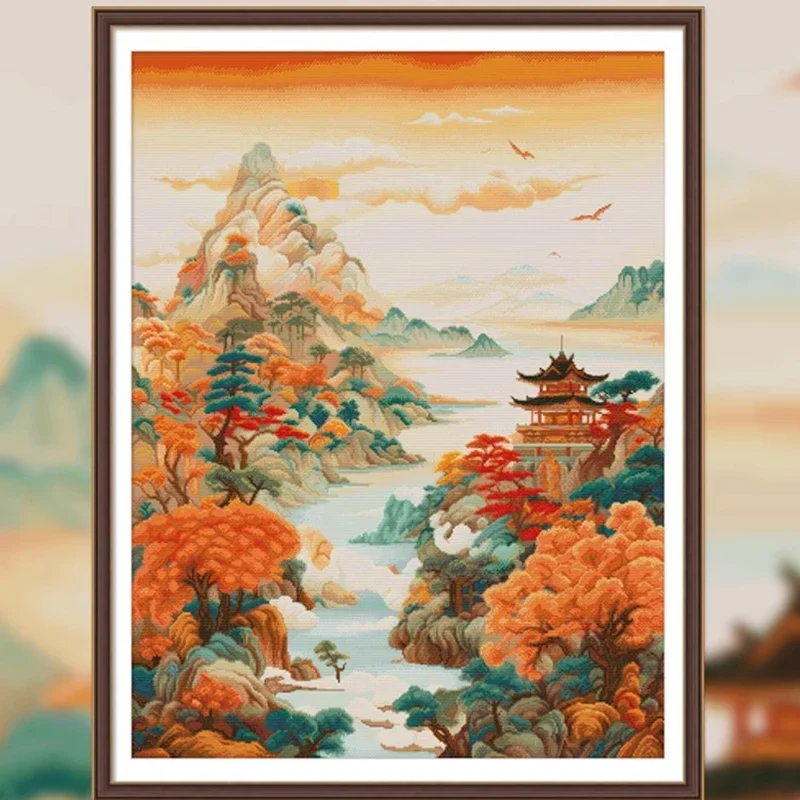 

Весенний набор для вышивки крестом Осенняя башня Древний китайский пейзаж Картина 11CT Aida Полный комплект на холсте с принтом
