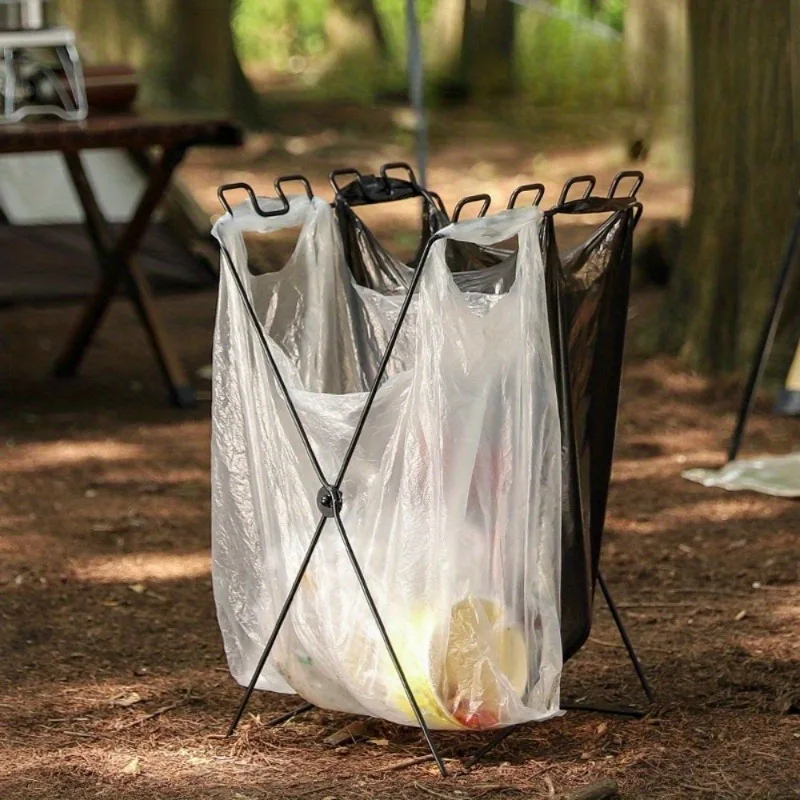 Portable Trash Bag Holder with 50 Bags - Foldable Wire Frame Rack for Camping, Bbqs, Picnics & Kitchen Use