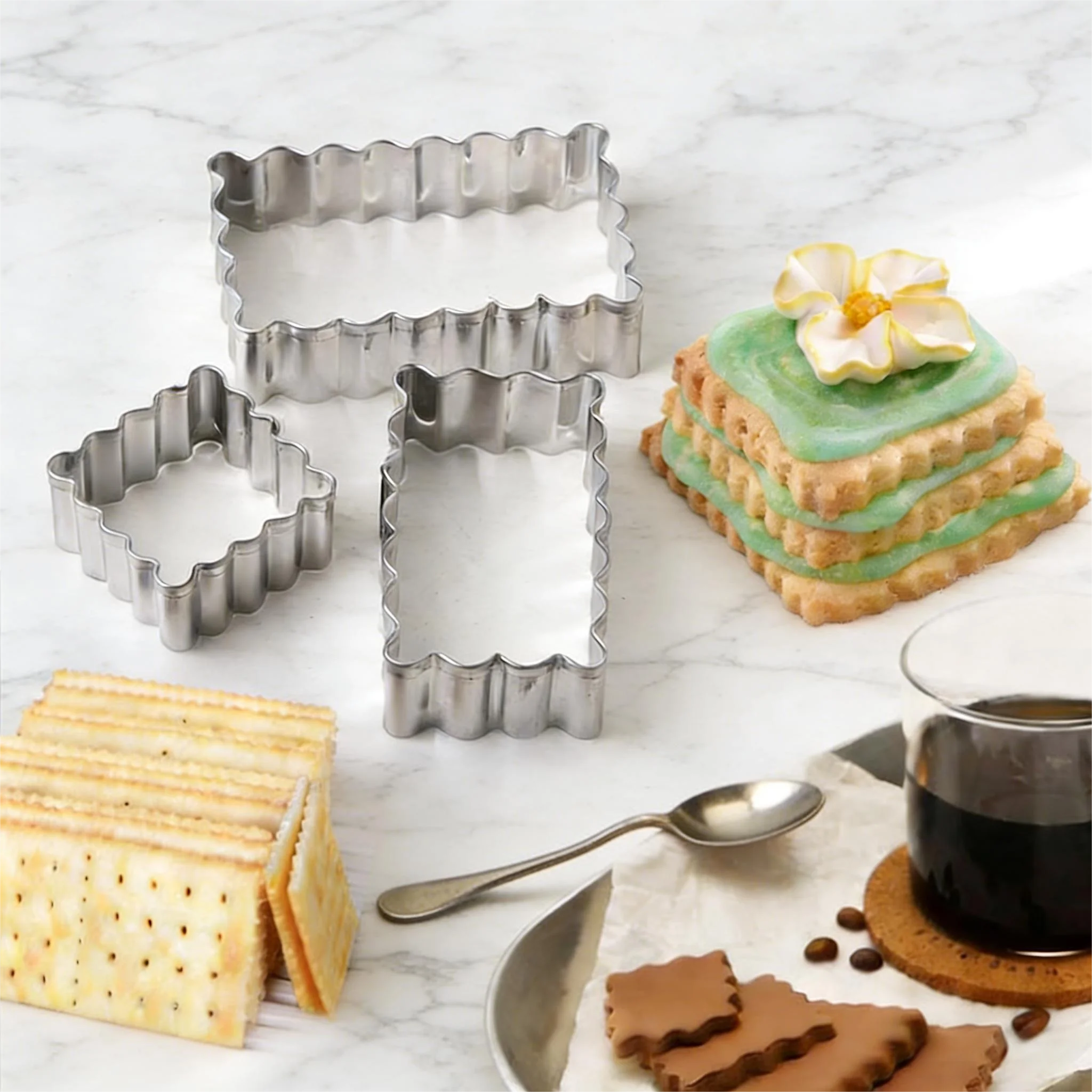 6 Pcs Cookie Cutter Set Food Grade Stainless Steel Scalloped Square Rectangle Shapes Sandwich Fondant Molds for Home Baking