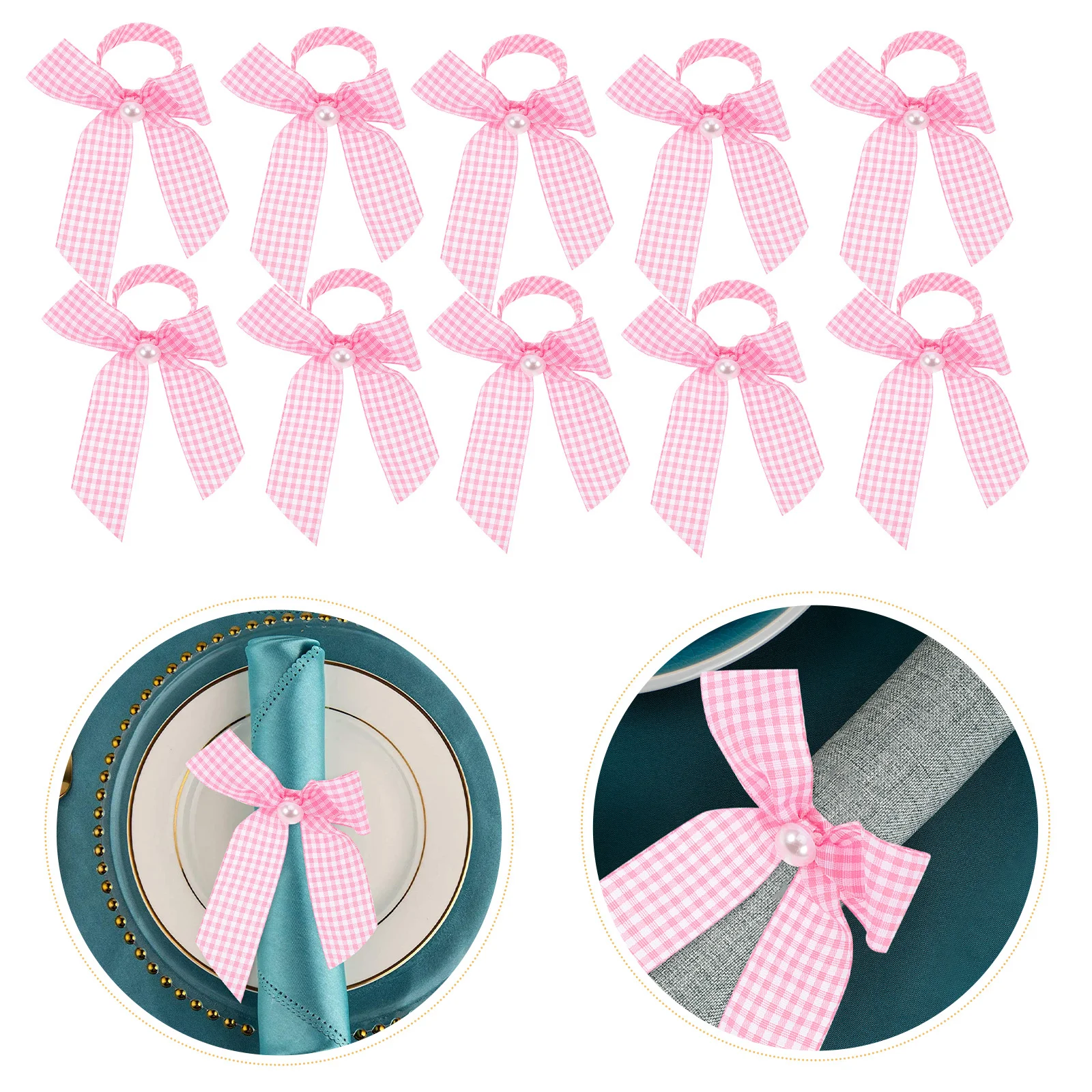 

12Pcs Pink Bow Napkin Rings Shower Table Decor Ribbon Checkered Gingham Reusable Wedding Bridal Brunch Tea Party