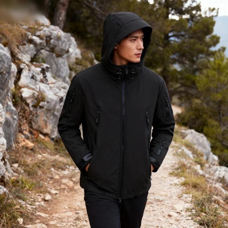 

Waterproof Jacket Men Outdoor Softshell Zip Up Hooded Jacket Windbreaker Hiking Camping Coats Lightweight Spring Autumn Coats