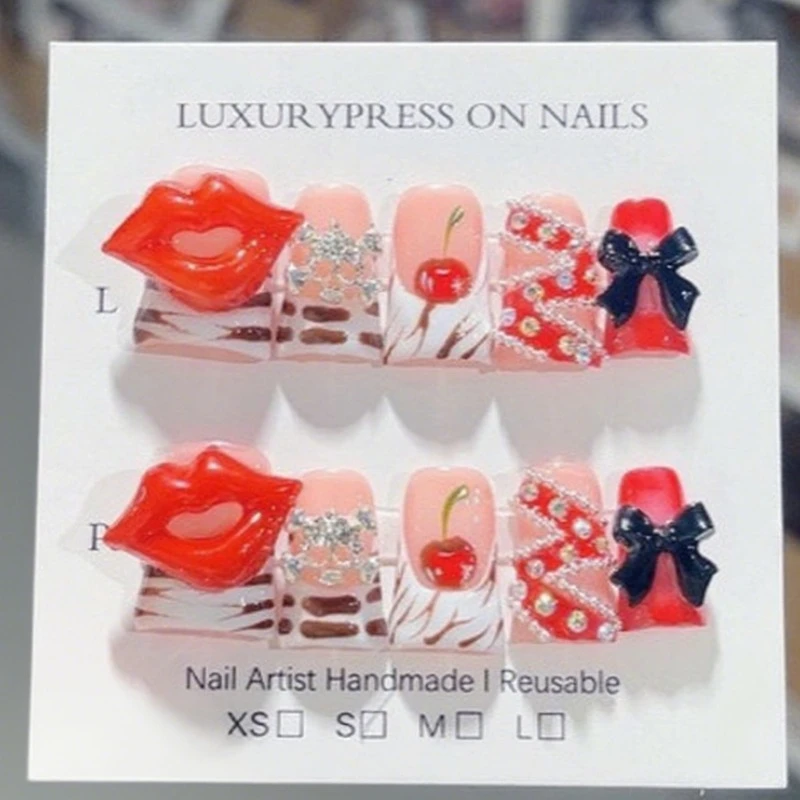 

10Pcs Press on Nails Handmade Red Lip Cherry Decor Fake Nail with Zebra Print Kiss Charm Y2K Duck Nails Tip for Valentine Gift