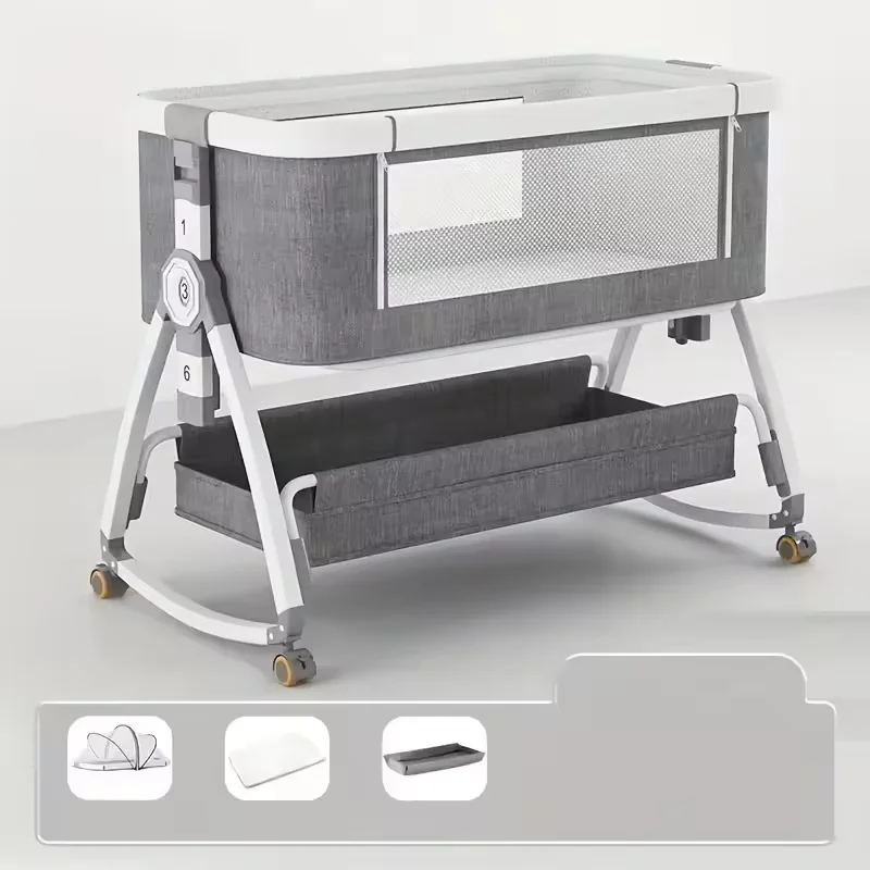 Baby Crib, Portable Splicing, Cradle Bed, Foldable Height Adjustable Splicing, and Movable Bedside Swing Cradle Bed