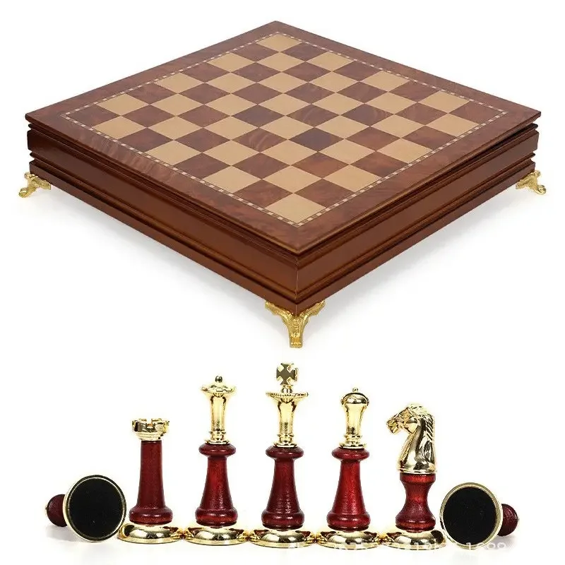 Deluxe drawer chess solid wood chess inlaid metal desktop ornament