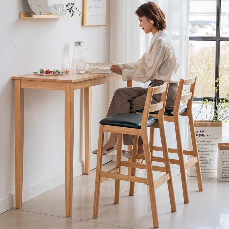 Kursi Bar Tinggi Modern Nordik dari Kayu Solid dengan Sandaran untuk Kedai Teh Susu, Kursi Resepsionis, Furnitur Dapur Minimalis