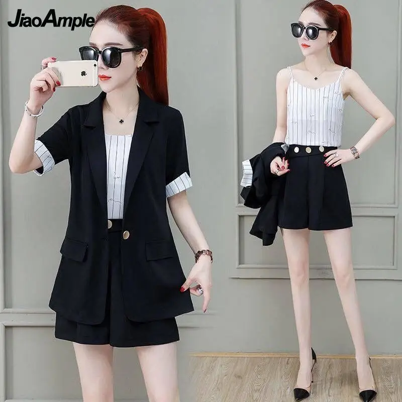 2022 Summer New Suit Jacket Shorts Suspenders Three-piece Women\'s Professional Wear Korean Fashion Blazers Coat Vest Pants Set