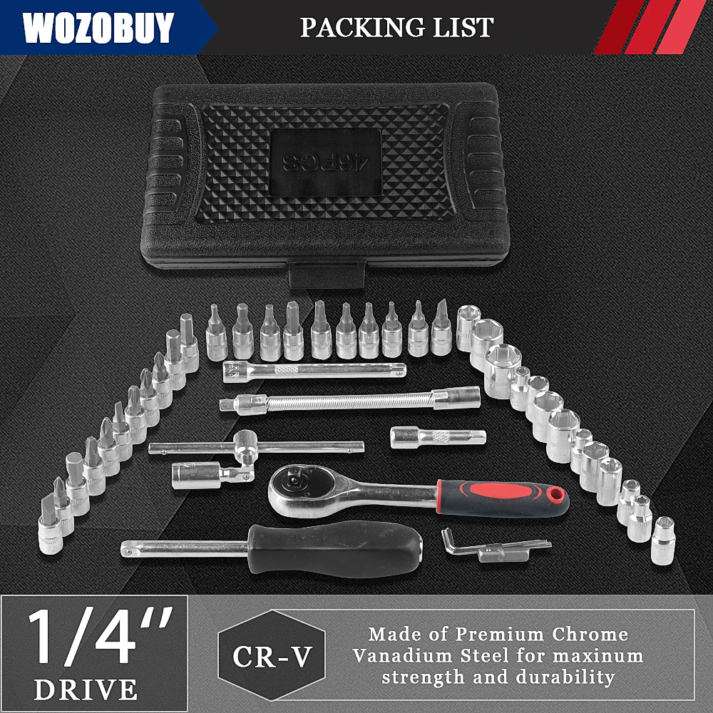 46pcs 1/4 Inch Drive Socket Set,Ratchet Socket Wrench Set,72-Teeth Reversible Pear Head Ratchet,for Home or Car Maintenance