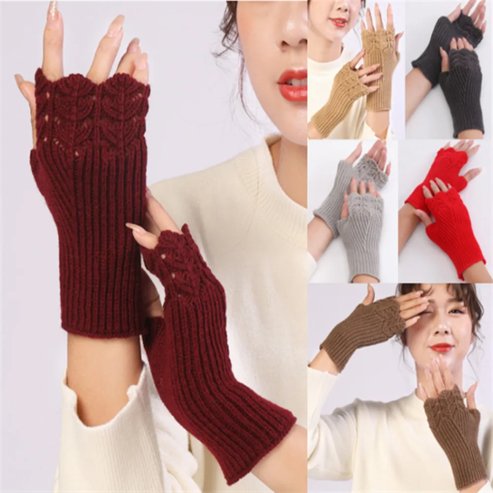 Woman Ladies Fingerless Gloves Winter Warm Soft Knitted Mittens ST007