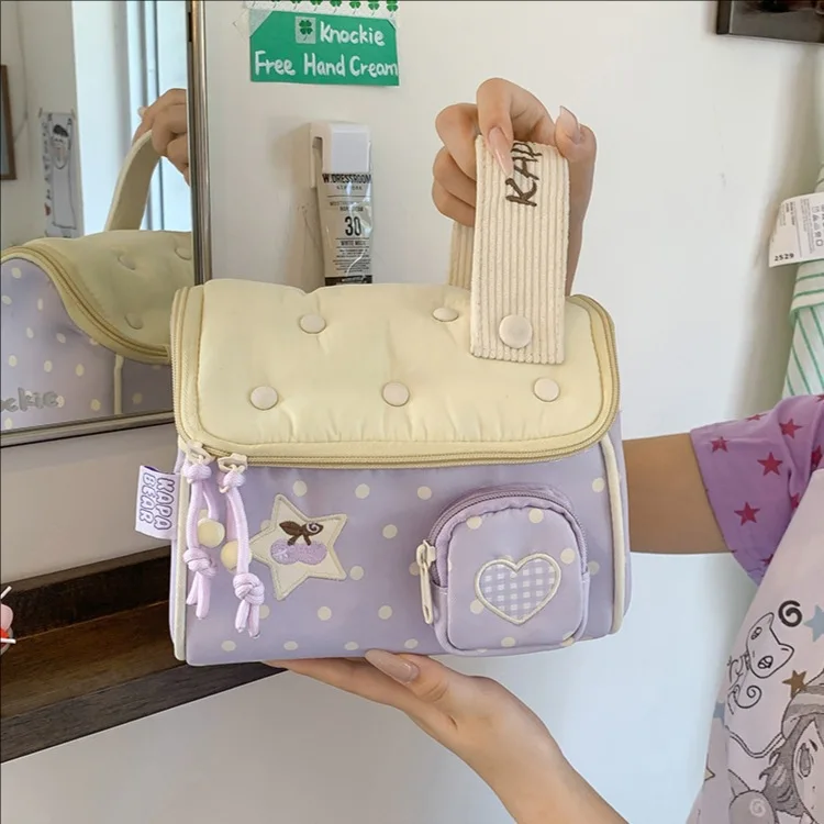 Women's New Cosmetic Bag Kawaii Hand Bag Korean-style Polka Dot Handbag High-visibility Travel Storage Bag Portable Makeup Bag