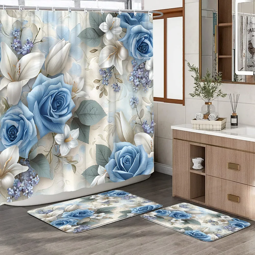 

Pretty Blue Floral Shower Curtain Vintage White Floral Polyester Fabric Shower Curtain Bathroom Decor with Hooks