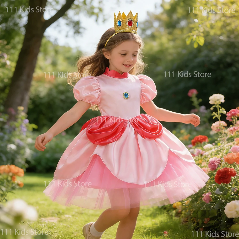 Vestido de manga corta para niños, disfraz de princesa Peach para Halloween, carnaval, regalo de cumpleaños para niñas, vestido de fiesta