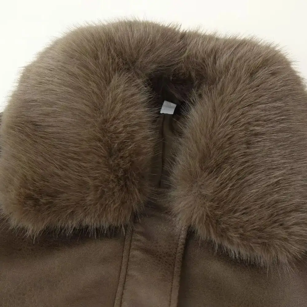 2025 여성 패션 유럽 및 미국 스타일 가을 신상 인조 가죽 효과 재킷 시크 탈부착 가능한 퍼 칼라 아우터웨어