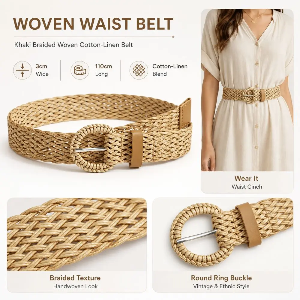 Adjustable Fit Woven Waist Belt Vintage Style Round Ring Buckle Braided Waist Belt Ethnic Style Belts for Dresses Daily Outfits