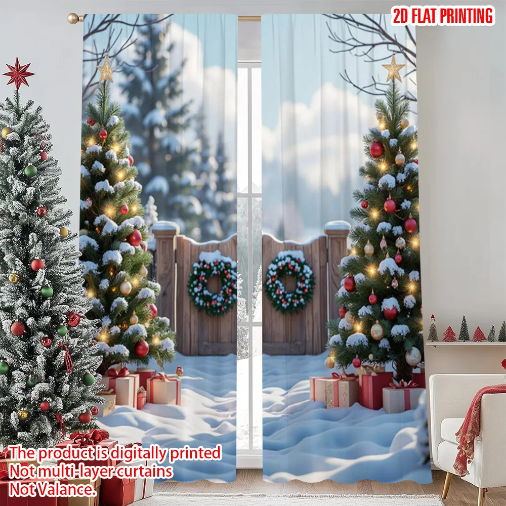 

2pcs 2D flat printing Merry Christmas Curtain Christmas tree snow Machine Washable Fabric Without Electricity Versatile Perfect