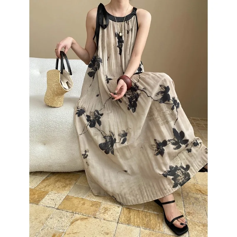

Women French Round Neck Color Matching Loose Sleeveless Beach Ink Smudge Dress Fashion Pleated Texture Long Dress Summer