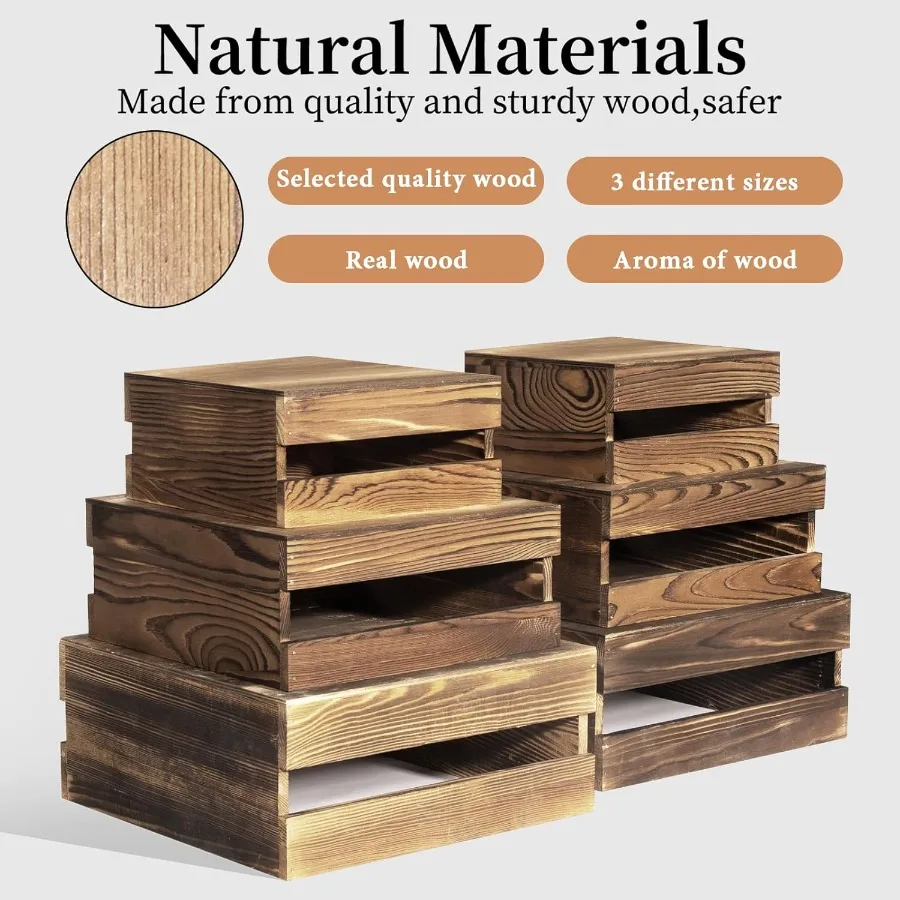 6 Pcs Buffet Risers with Mini Signs Rustic Wood Cake Stands Food Risers for Buffet Table Dessert Display Stand Wood Crates Rust