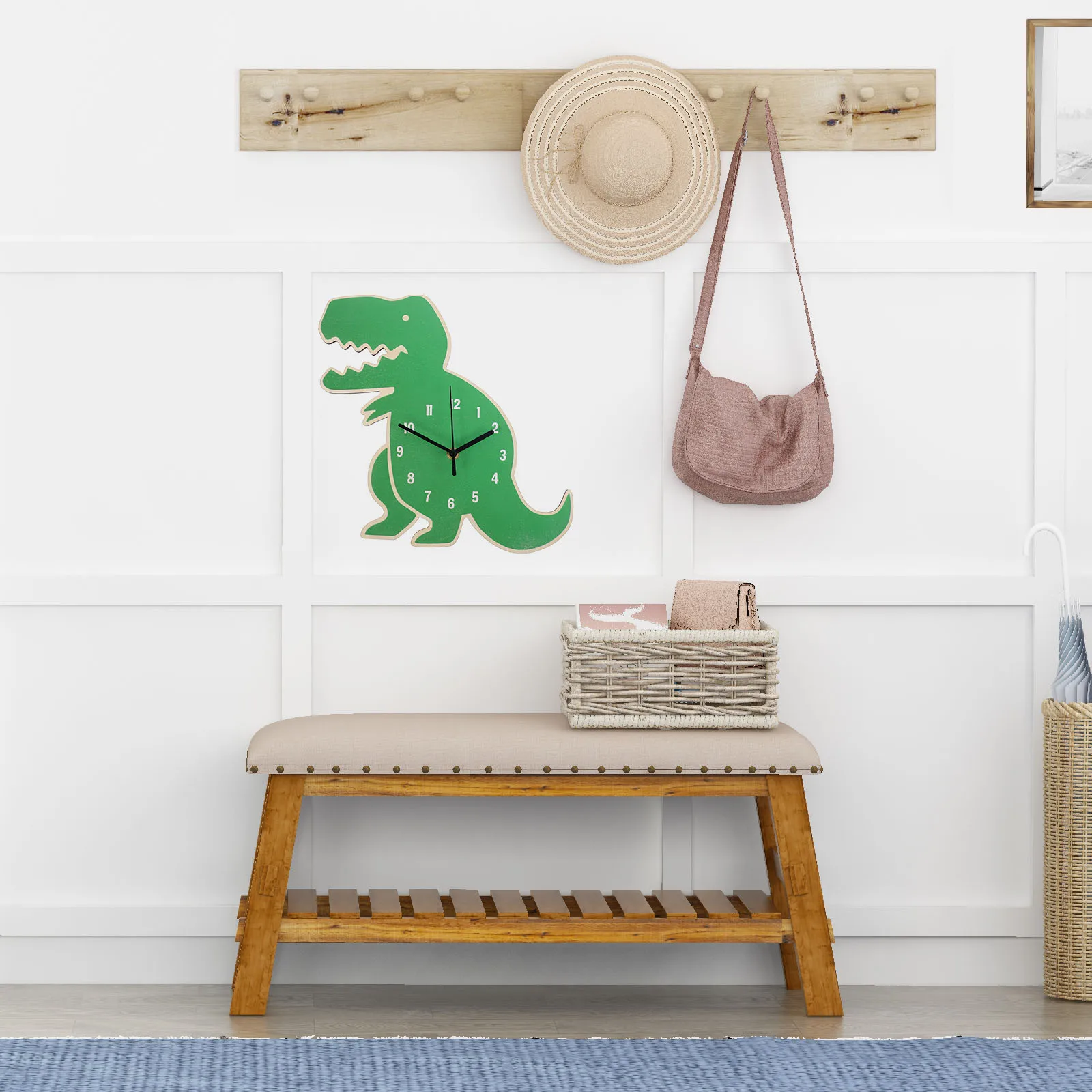 

Cute Dinosaur Cartoon Clock Silent Wall Or Desk Timepiece for Kids Room Clear Display Natural Basswood Material