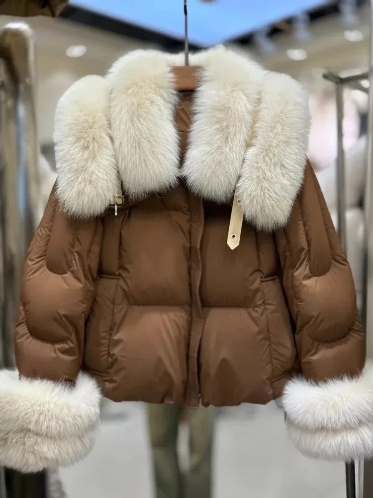 

New Winter Clothing Women Fashion Loose White Duck Down Caot Loose Real Fur Parker Natural Fox Fur Collar Puffer Jacket