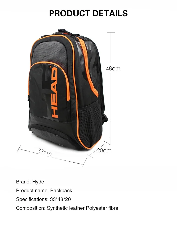 HEAD Tennis Bag Fashion Simple Tennis Bag Portable Tennis Bag Dirty Resistant Black Racket Bag Storage Capacity Backpack