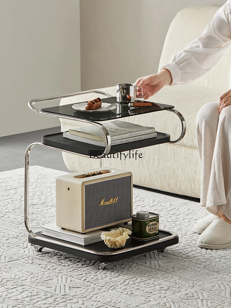 

Movable Square Glass Coffee Table Trolley with Wheels Living Room and Bedside Sofa Corner Table