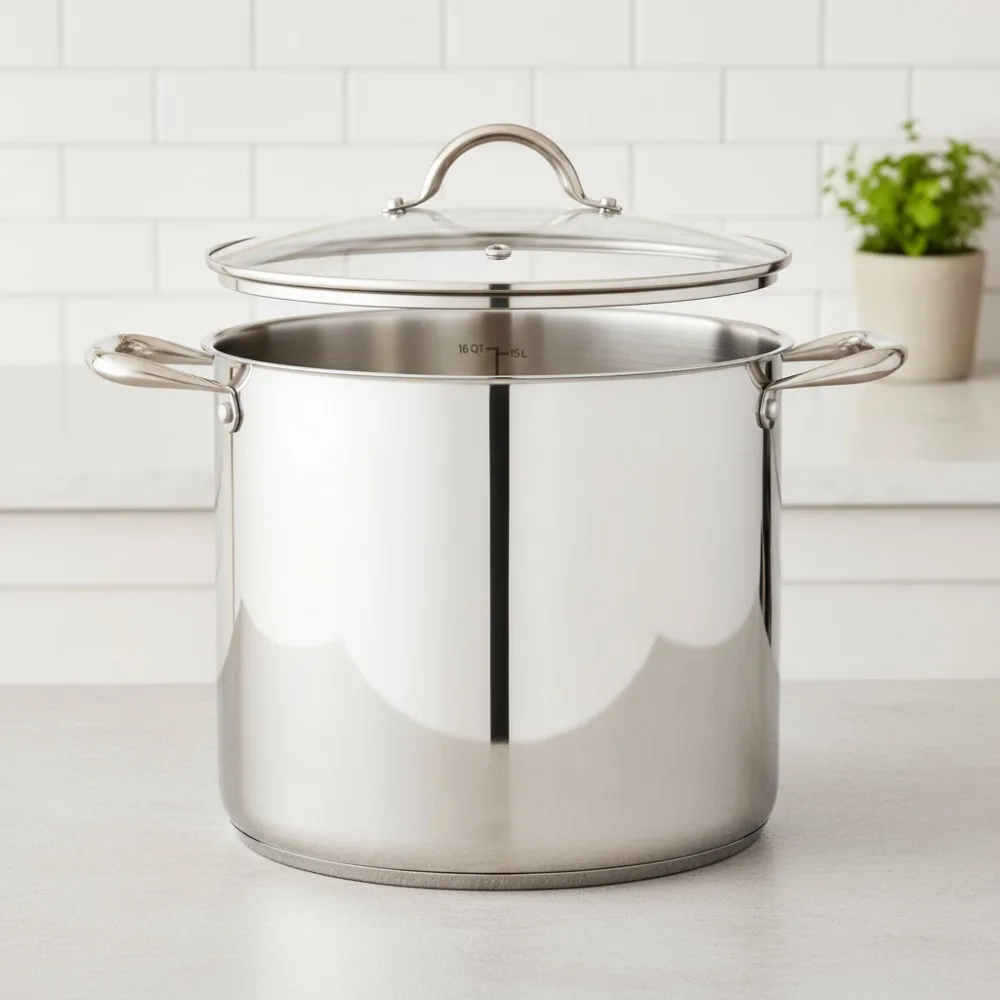 

16-литровая кастрюля из нержавеющей стали со стеклянной крышкой, равномерное нагревательное основание, безопасная для духовки для домашней кухни