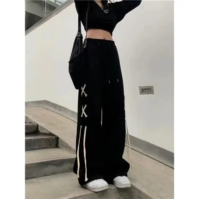 High Street Women's Loose-Fit Casual Trousers 2024 New Spring Dull Black Drawstring Sweatpants Trendy Pulled-Down Pants For Men 