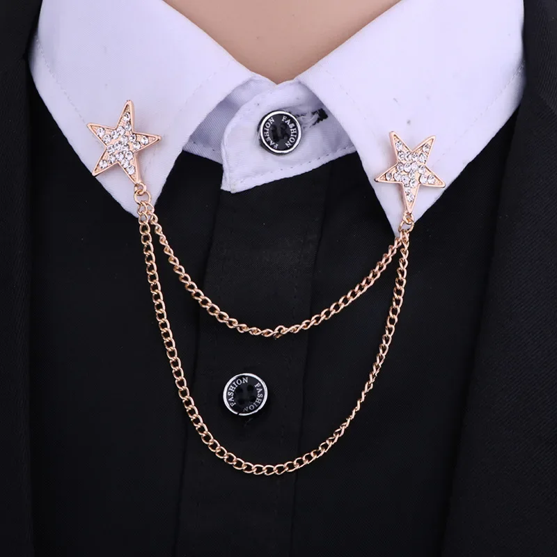 Exquisite Zircon Double Five-pointed Star Chain Brooch Men's and Women's Suit Dress Brooch Fashion Business Suit Accessories