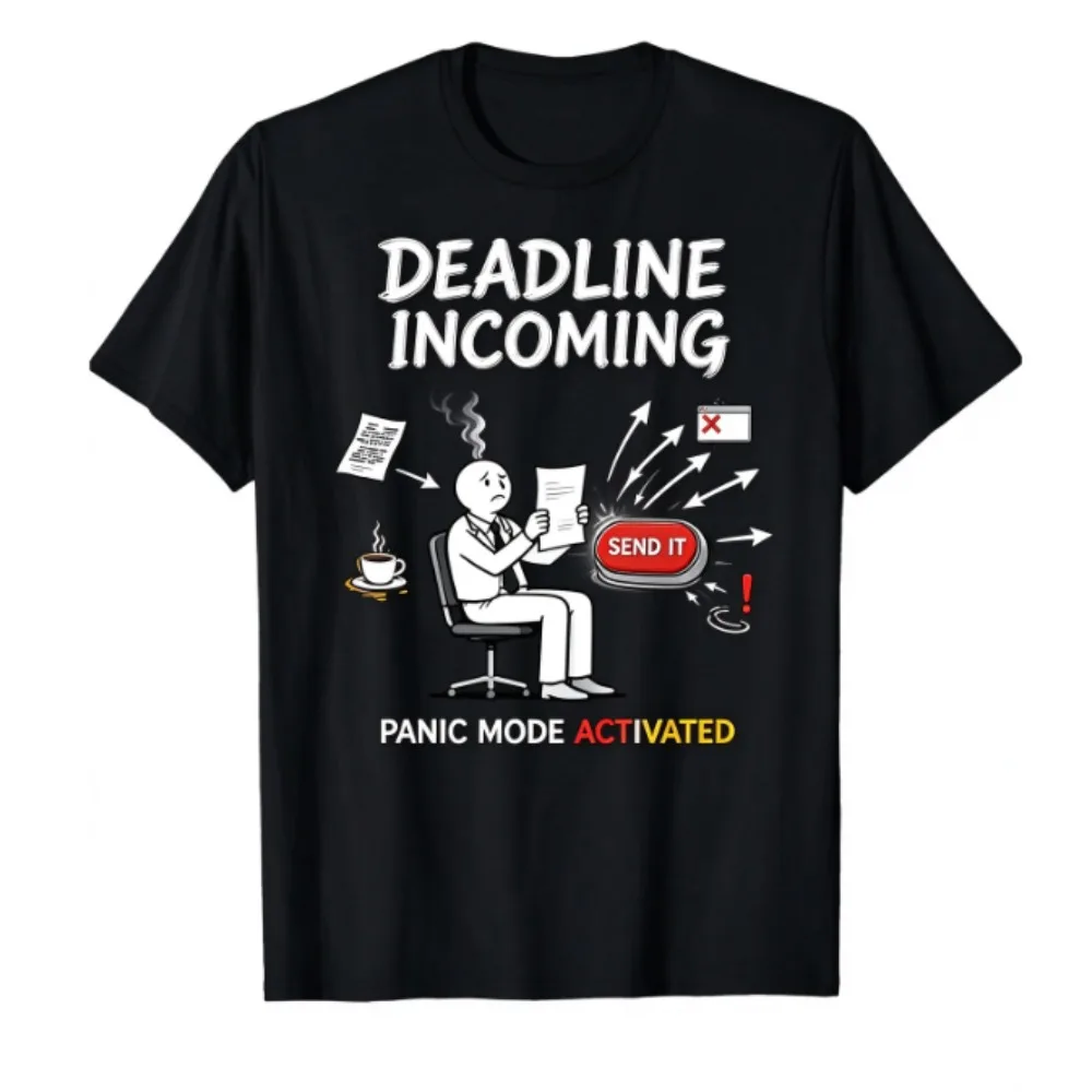 Funny Office Deadline Panic Stickman Printed T-shirt for Men Women, Simple Line Art Meme Crewneck Short Sleeve Streetwear Tee