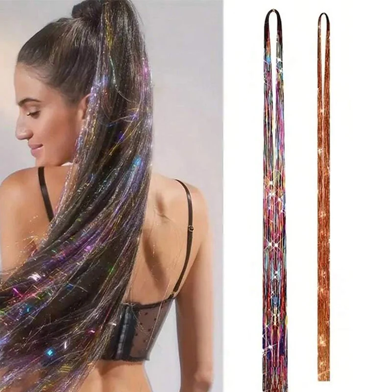 Extensiones de peluca coloridas, tiras de alambre dorado, extensiones de arcoíris, cuerdas de cabello trenzado brillante, pelucas sintéticas para uso en fiestas