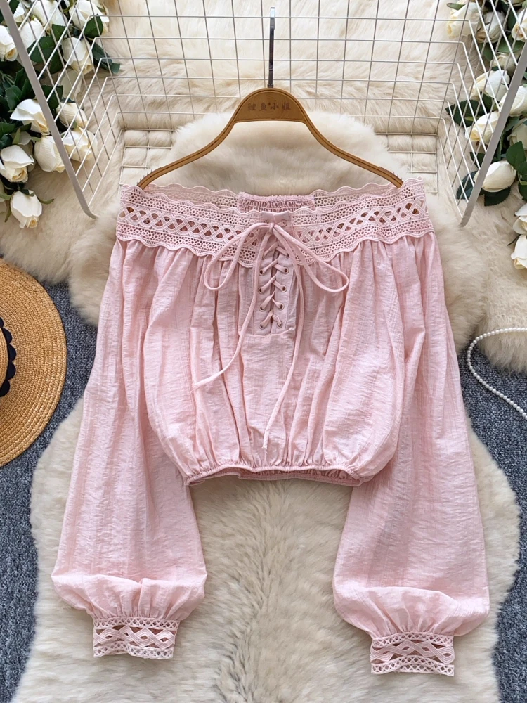 

Y2k Streetwear Spicy Girl Blouses Slash Neck Lantern Sleeve Hollow Out Bandage Shirts 2025 Design Crop Tops New Women's Clothing