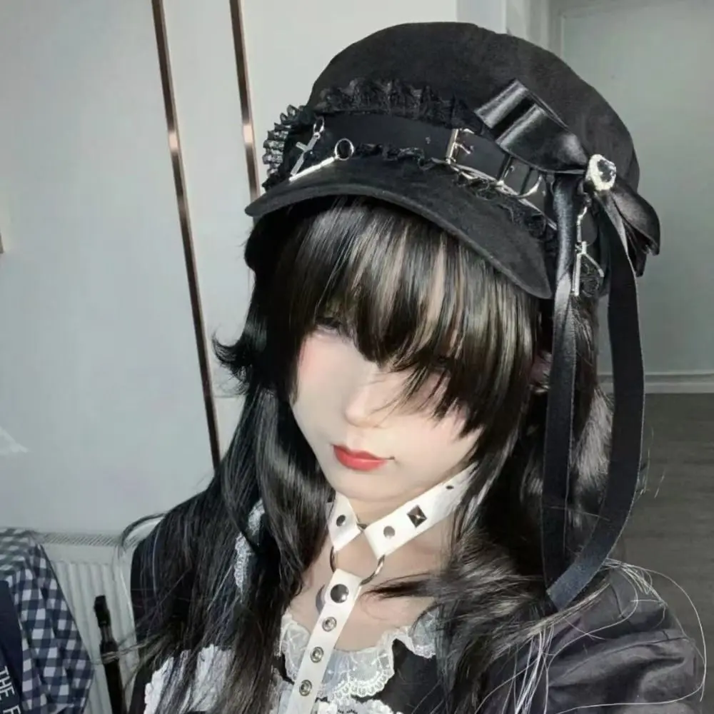 하라주쿠 스위트 쿨 스타일 팔각형 모자 레이스 스티치 리본 여성용 Y2k 모자 카와이 로리타 소녀 화가 모자 성인 청소년용