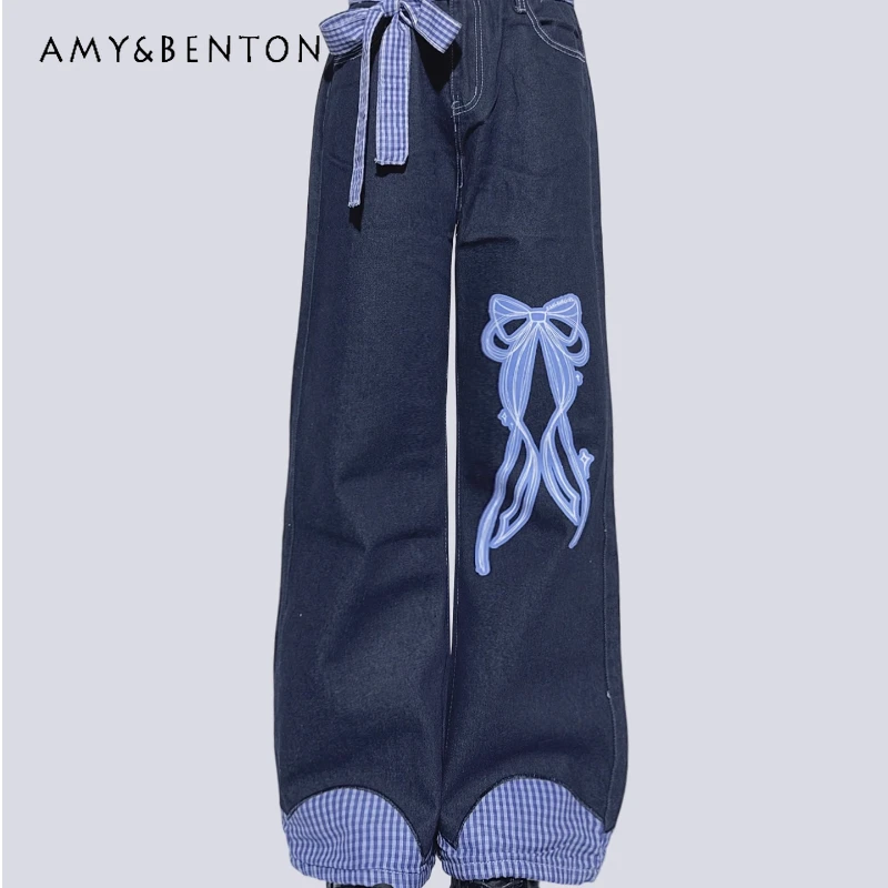 

Original American Sweet Cool Street Blue Check Patchwork Women's Jeans Summer New Versatile Wide-Leg Straight Long Pants Ladies